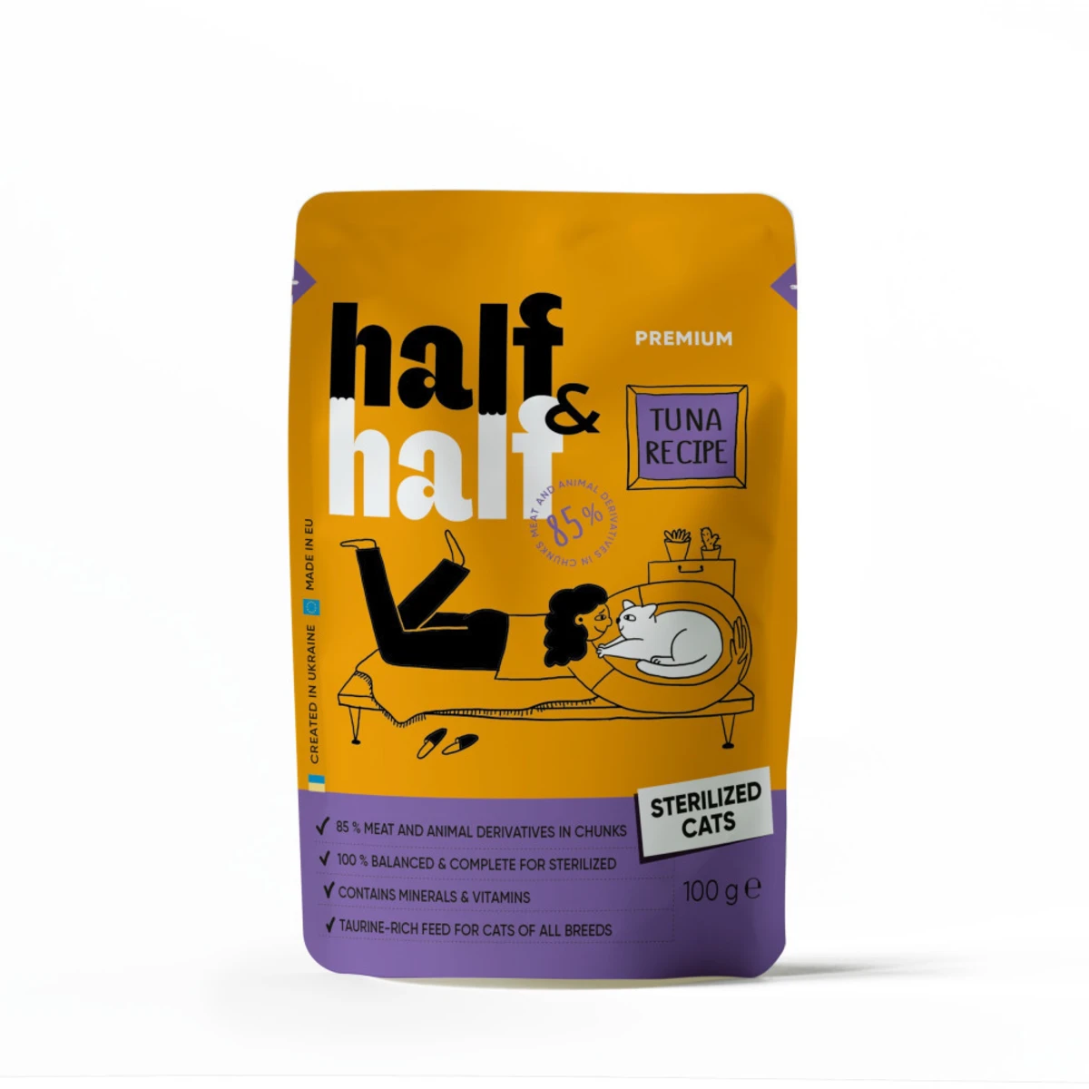 Корм вологий Half&Half для стерилізованих котів шматочки з тунцем у соусі у формі пауча