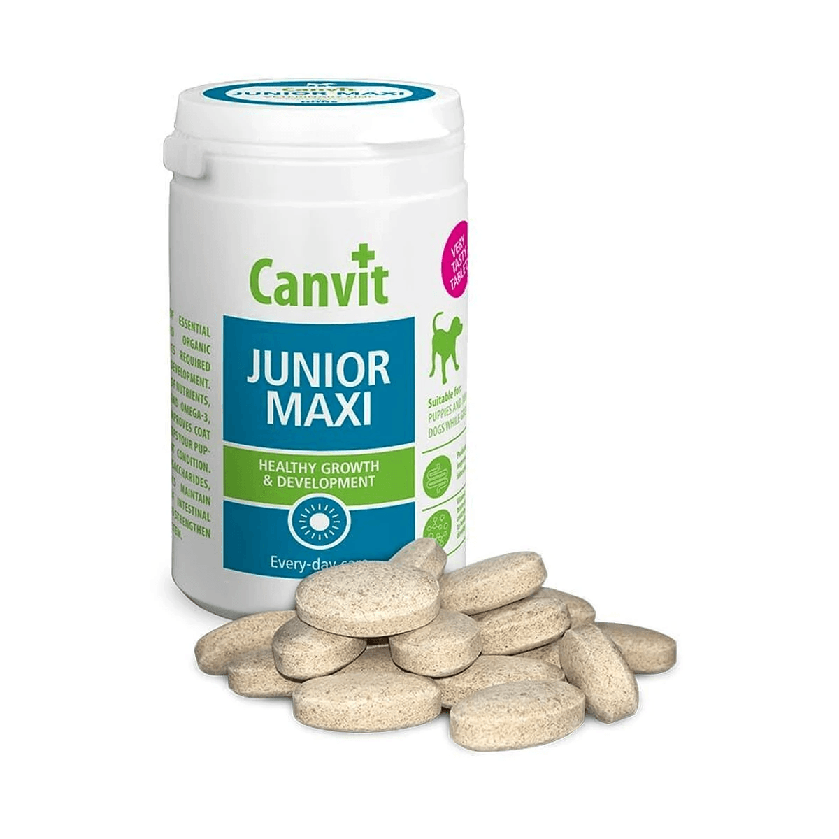 Вітаміни для цуценят і молодих собак великих порід Canvit Junior Maxi для здорового росту, розвитку, зміцнення імунітету та правильного формування кісток і суглобів 230 г